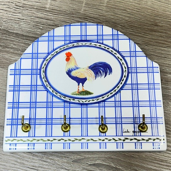 Santa Barbara Ceramic Design Other - Santa Barbara Ceramic Design Rooster Key Rack Blue Plaid Linda Grayson 6.5x5.5in